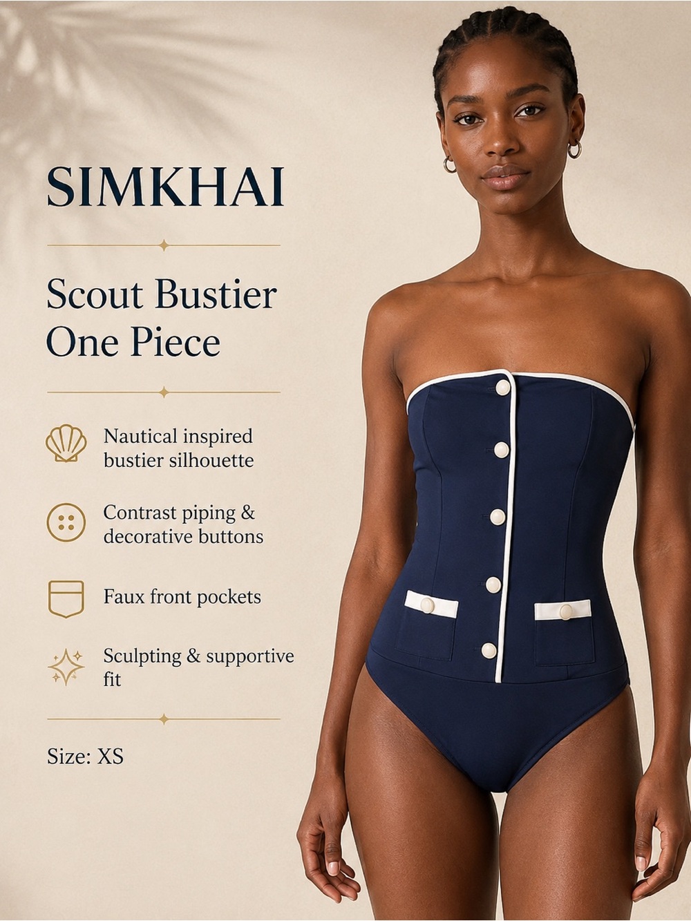 SIMKHAI Scout Bustier One Piece Swimsuit Sailor Nautical Navy White XS